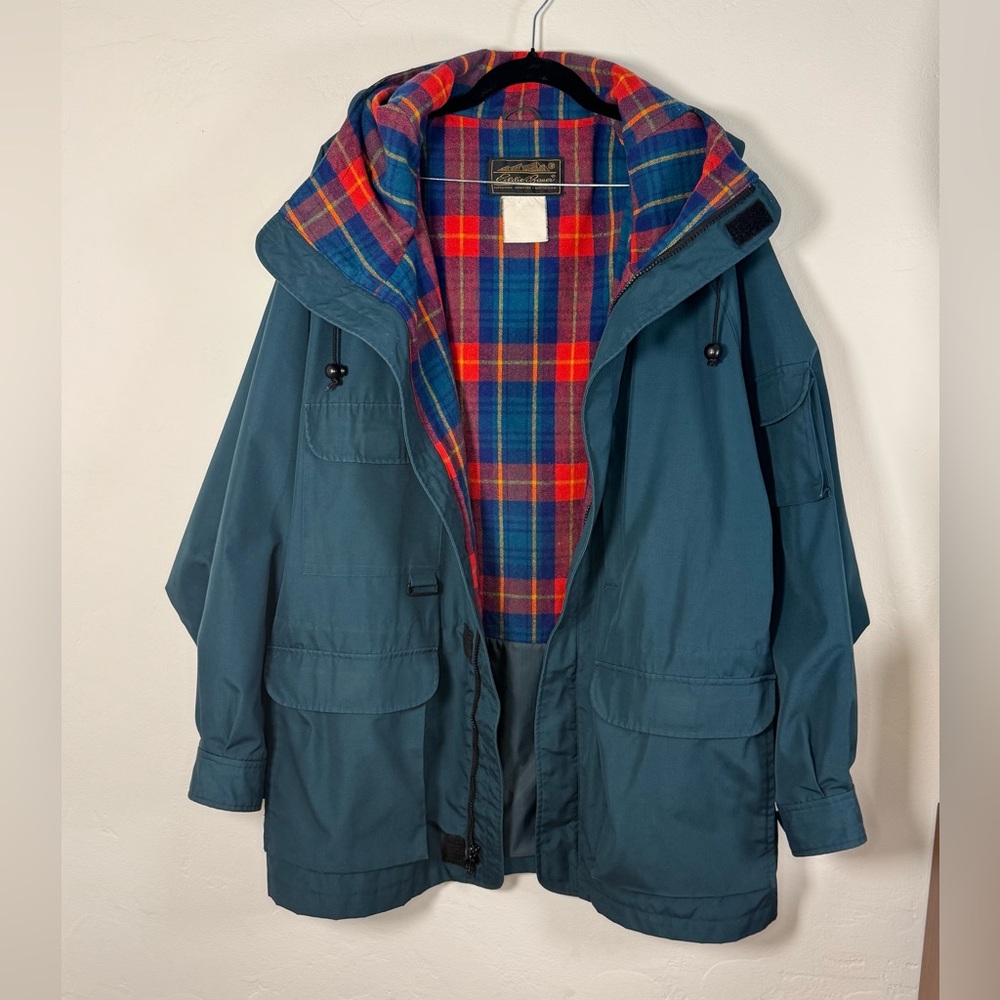 Vintage Eddie Bauer Teal Parka Jacket L Flannel Lined - Picture 7 of 13